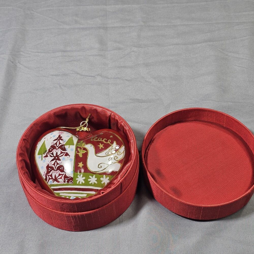 Pier 1 Li Bien 2012 Glass Heart Christmas Ornament Peace Love Dove Red Box Tag